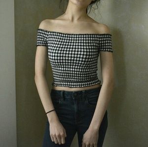 Smocked Gingham Off Shoulder Crop Top
